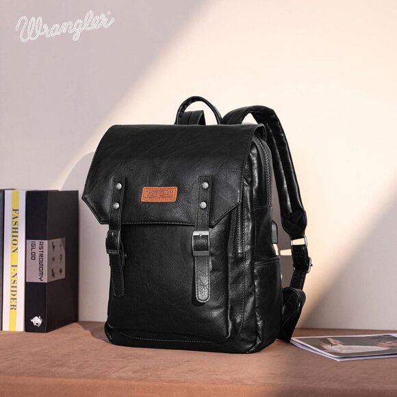 ✨Men Black Montana West Wrangler Leather Purse Laptop Backpack Fashion Backpack - Picture 2 of 7
